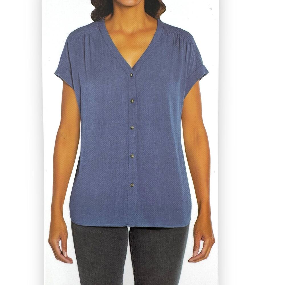 Orvis blouse women's large short sleeve button up V neck lightweight blue NEW